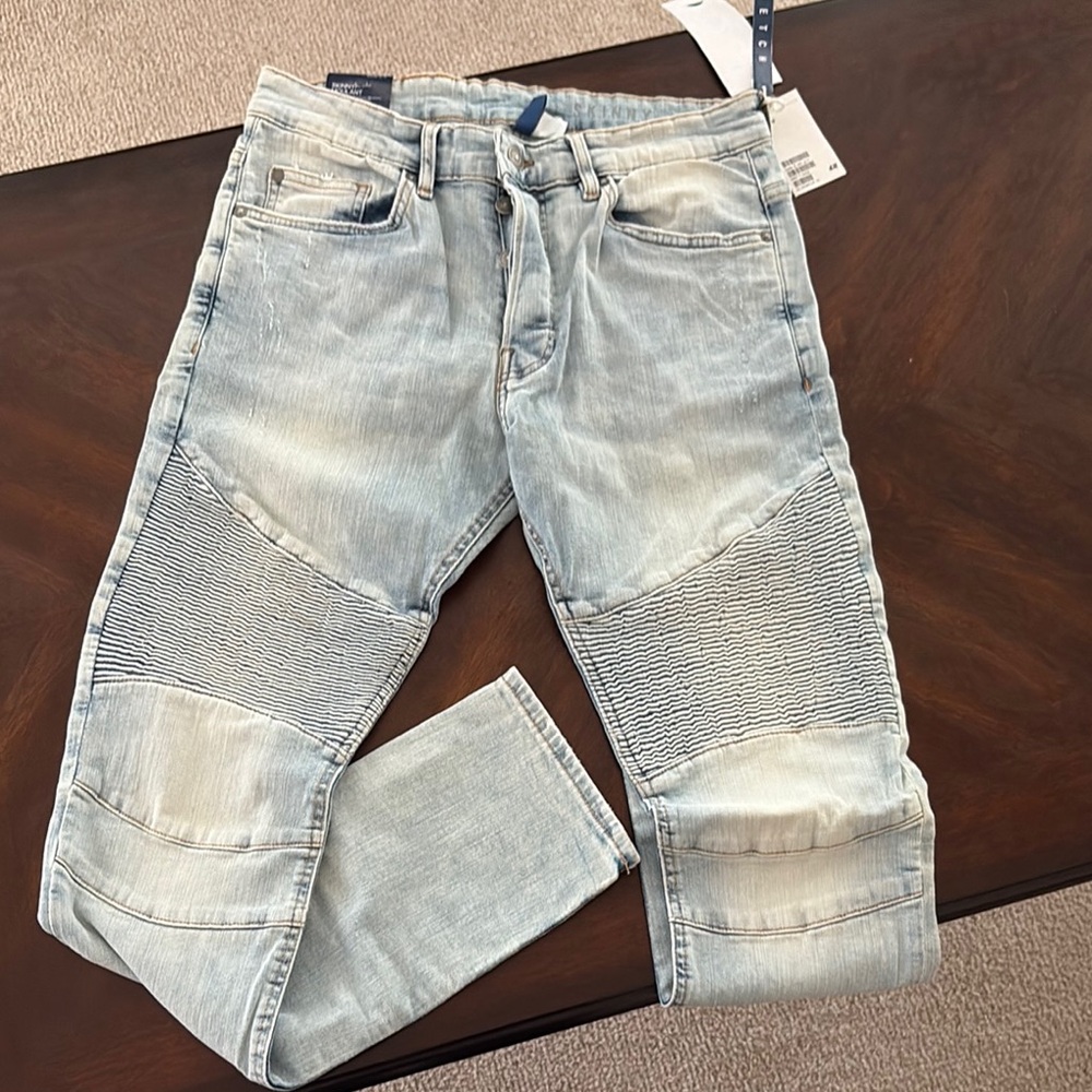 H&M Blue Skinny Jeans with Distressed Moto Panels